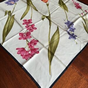 Floral Silk Scarf in White with Pink & Purple Blooms 26“ x 26“ multicolored